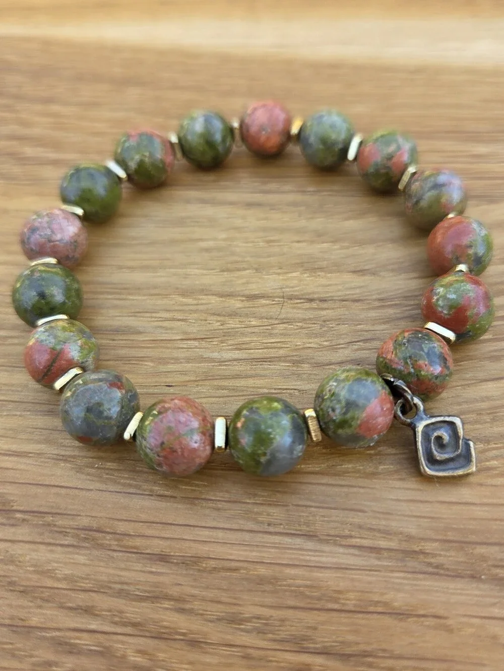 Green & Pink Unakite Beads Stretch Bracelet - Handcrafted